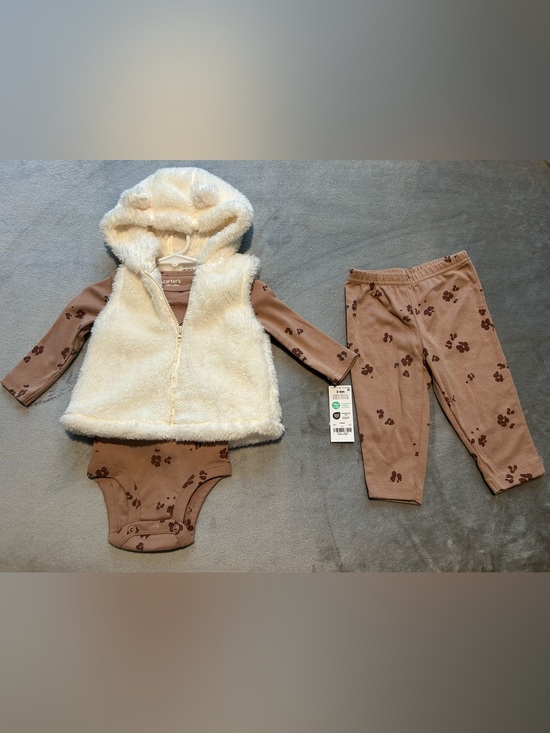 Carter's Other - Carter's Cream Fuzzy Hooded Vest with Brown Paw-Print Onesie and Pants